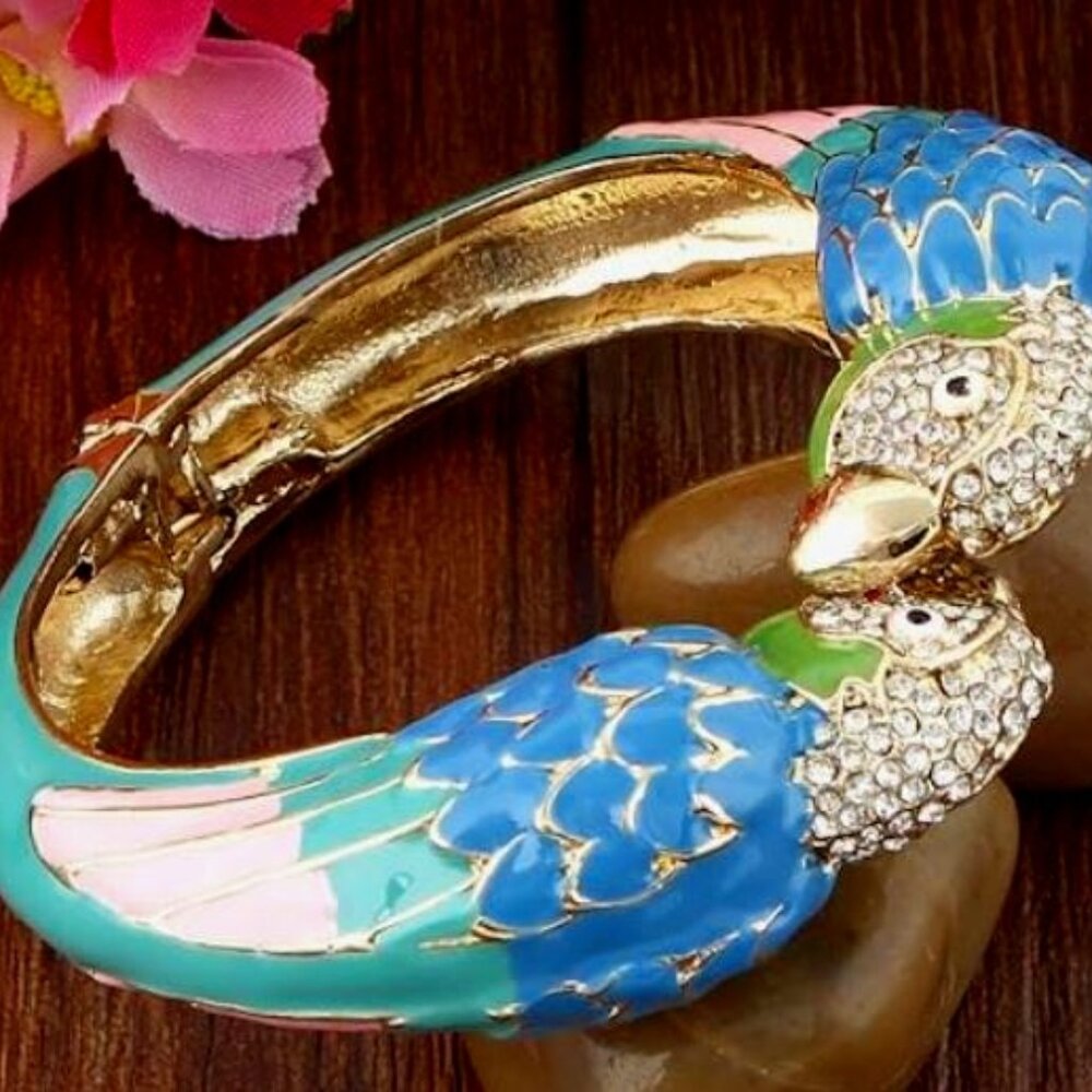 "Hope" blue and gold parrot gold plated cuff bangle luxury bracelet